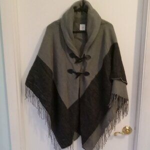Blanket Poncho Fringed Edges Asymetrical Foldover Collar